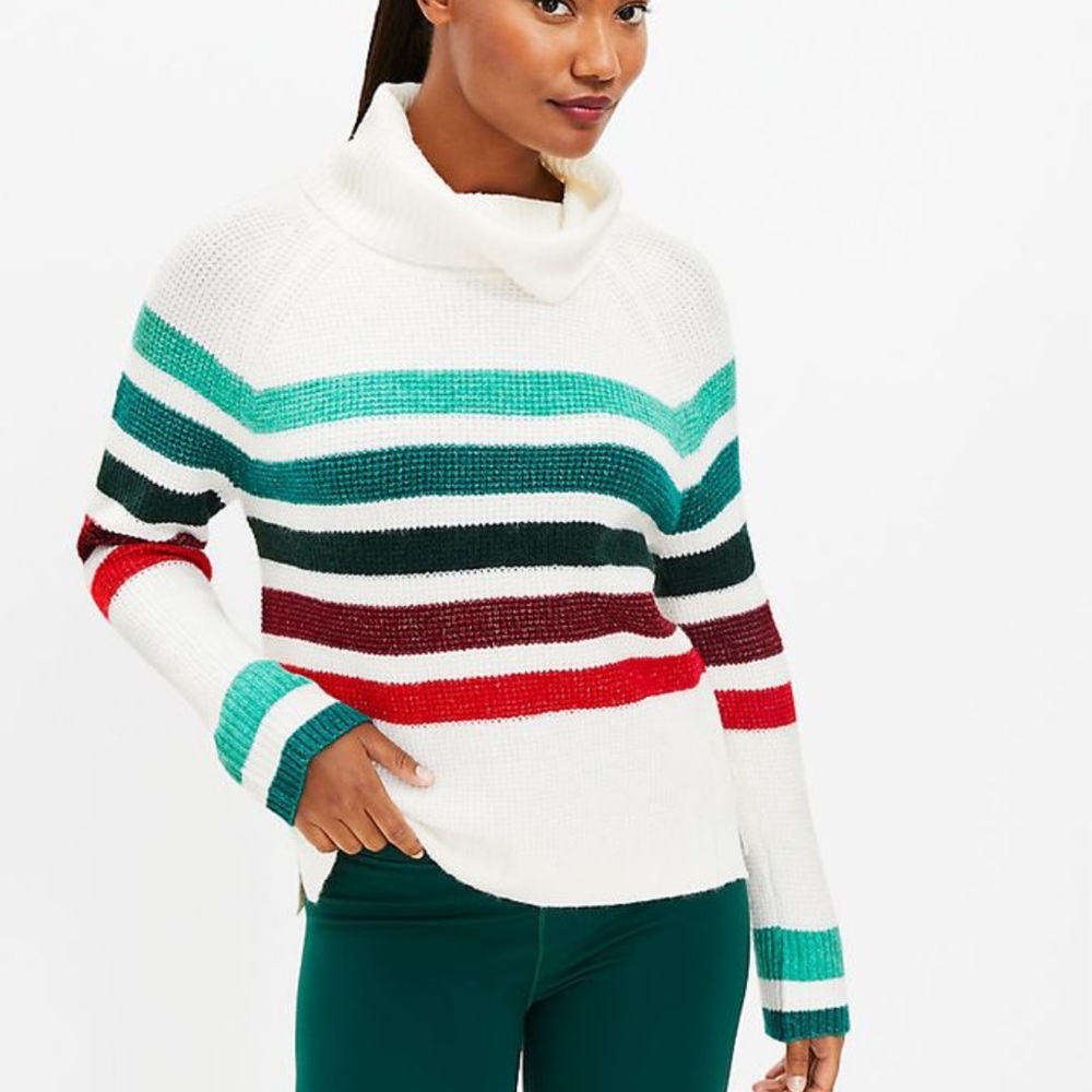 New Lou & Grey Cowlneck Sweater Striped Size Large White Green Red Super Soft